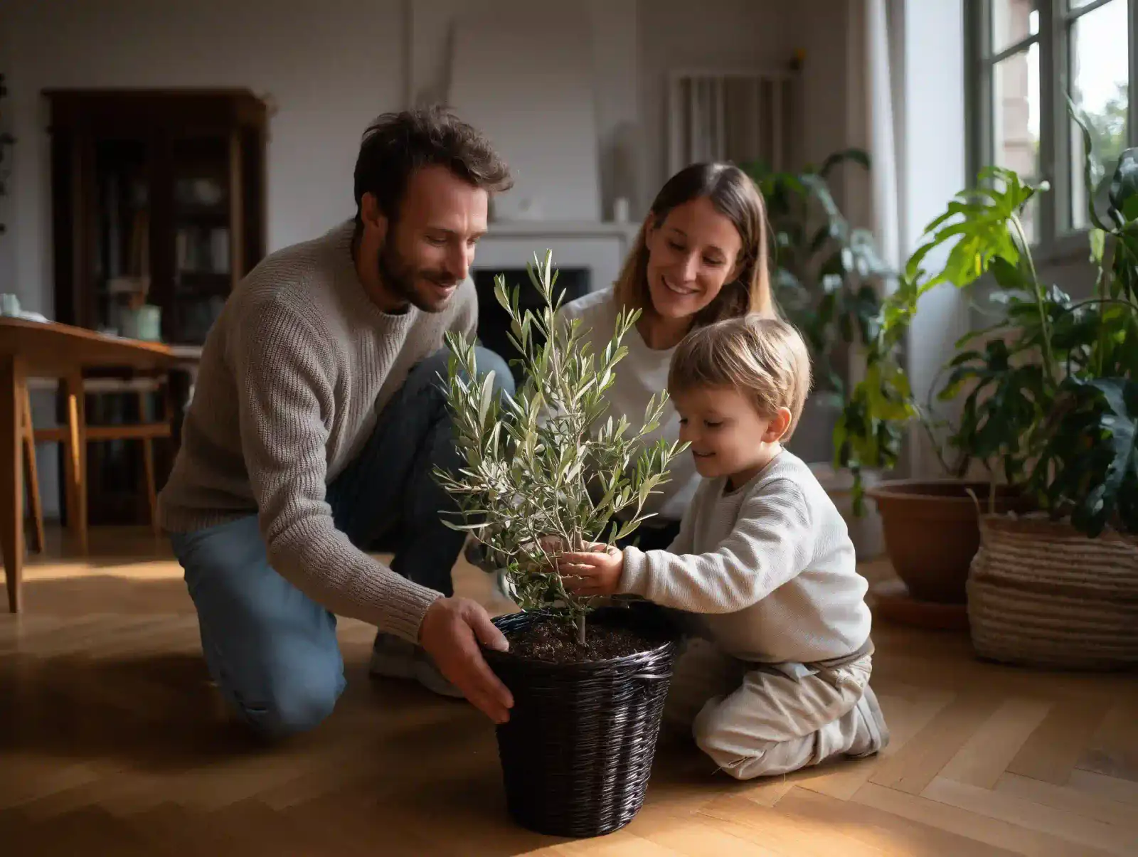 Familie stellt gemeinsam einen jungen Olivenbaum im Wohnraum auf