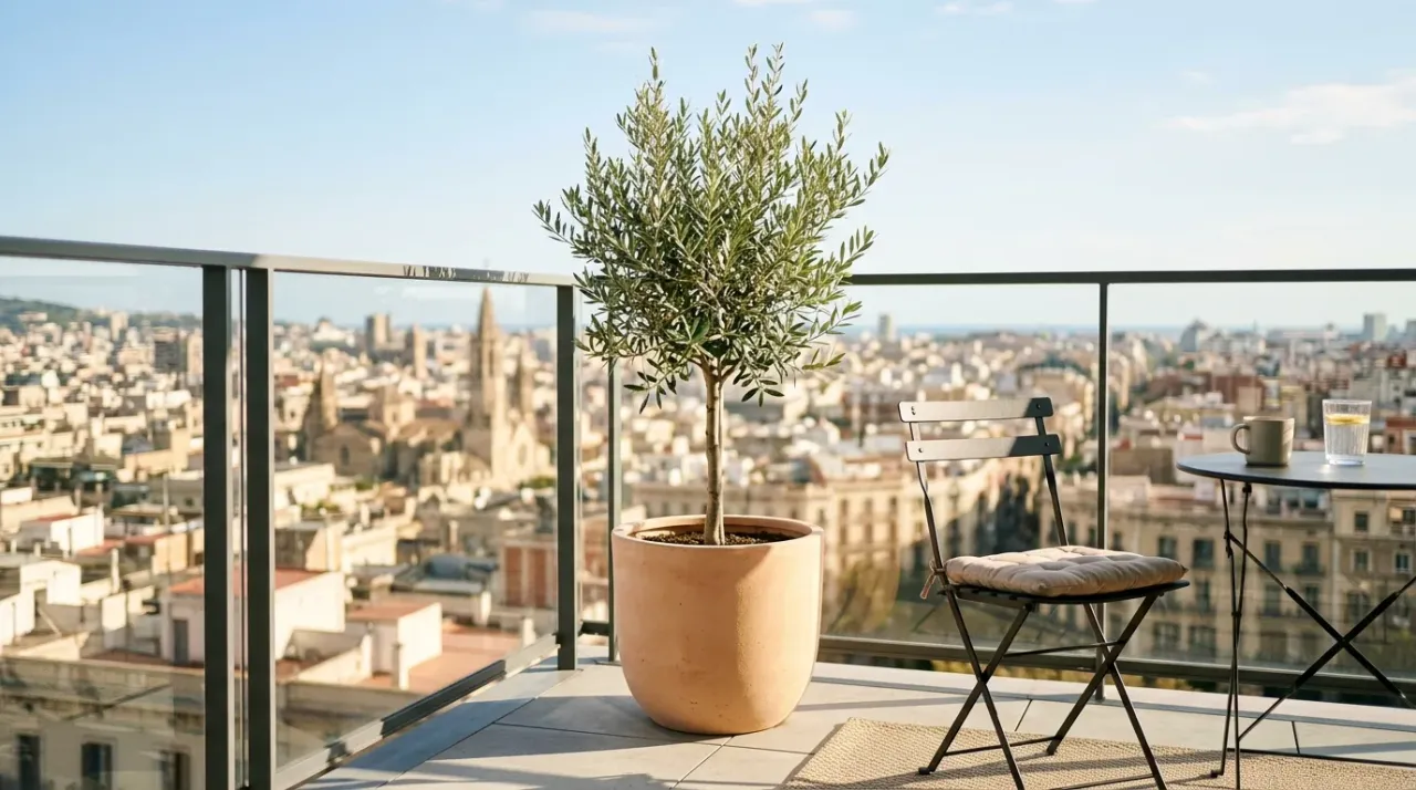 Junger Olivenbaum in einem großen hellen Terrakotta-Kübel auf einem modernen Stadtbalkon mit Metallgeländer