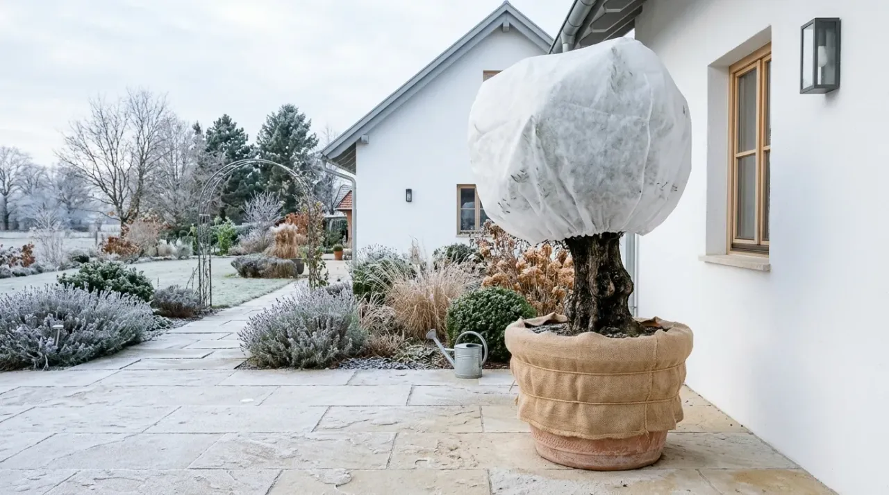 Olivenbaum im Kübel mit locker übergezogenem weißem Winterschutzvlies und Jute um den Topf, auf einer Terrasse an der Hauswand bei Frost