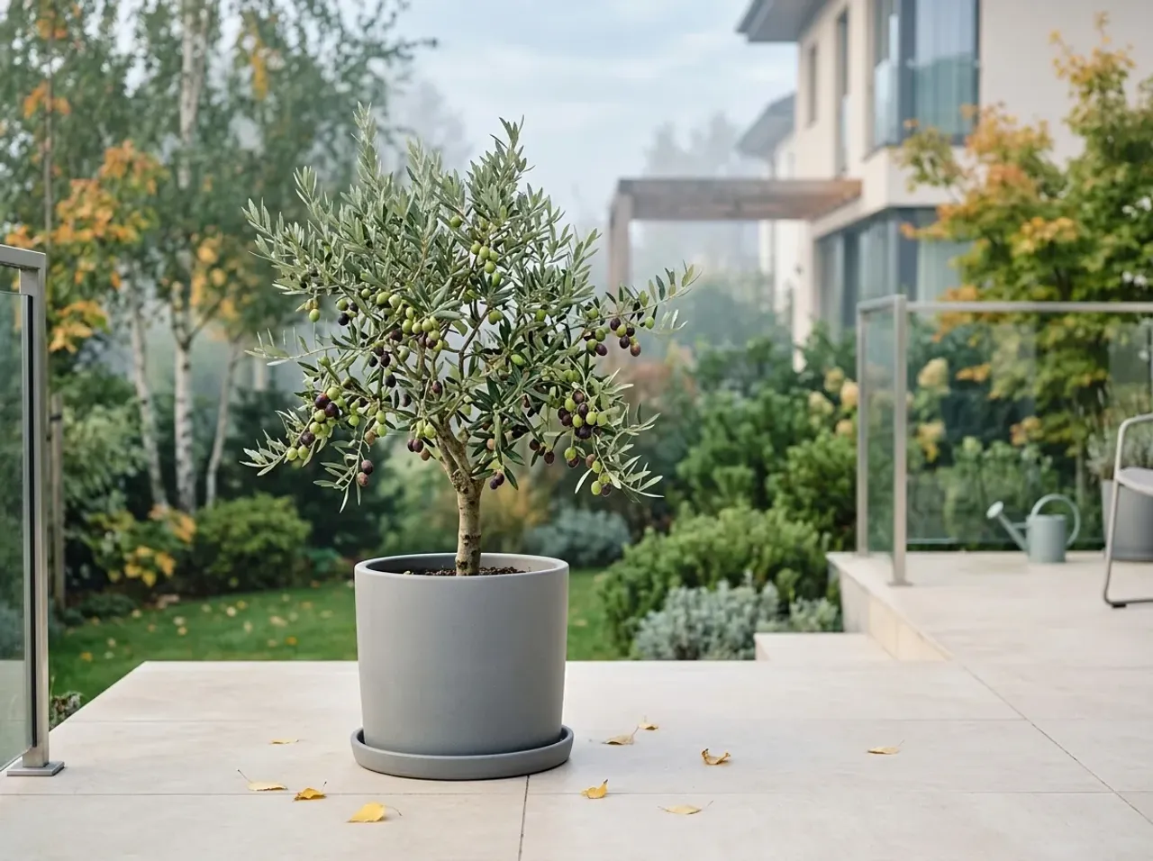 Olivenbaum im Topf mit reifenden grünen und dunklen Oliven auf einer Terrasse im Frühherbst