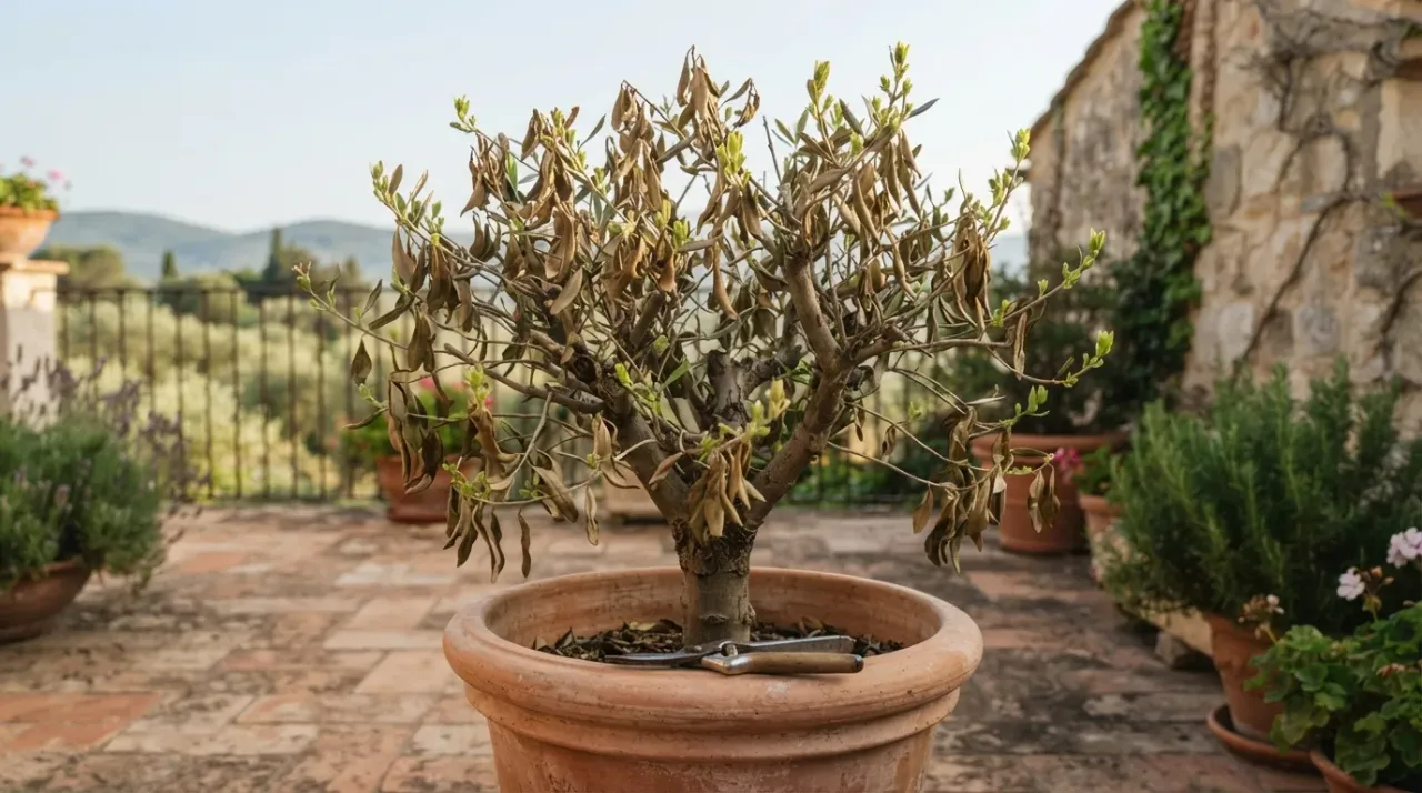 Olivenbaum im Terrakottatopf auf einer Terrasse mit braunen, frostgeschädigten Blättern und ersten frischen grünen Trieben, auf dem Topfrand liegt eine Gartenschere