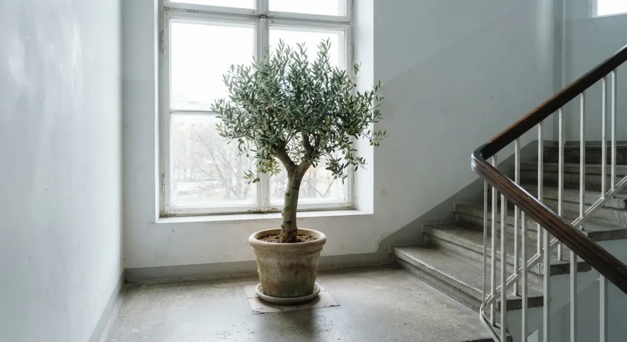 Olivenbaum im Kübel vor einem Fenster in einem hellen, kühlen Treppenhaus