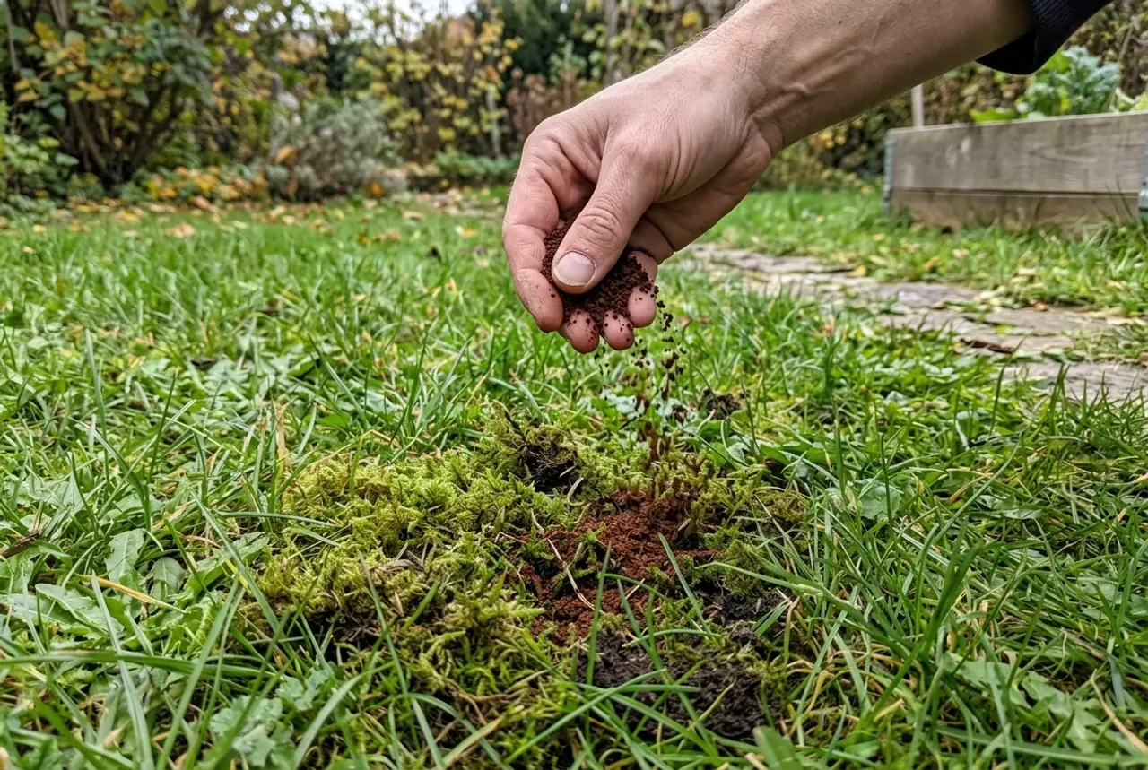 Hände in Handschuhen drücken frische Erde um einen frisch eingesetzten Olivenbaum im neuen grauen Topf an