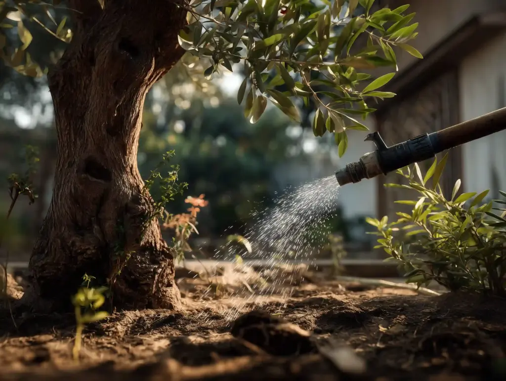 Im Garten: Olivenbaum mit Wasserschlauch gießen