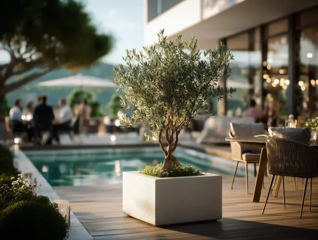 Olivenbaum im modernen Garten mit Pool