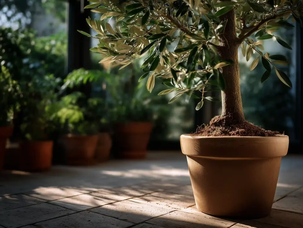Ein Olivenbaum im Topf auf der Terrasse